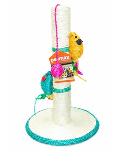 Когтеточка столбик для кошек круглая с игрушками мышками и шариком белый голубой 30х30х46 см Petmax