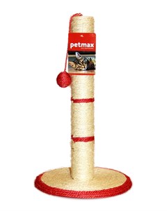 Когтеточка столбик для кошек Elis на подставке с шариком из сизаля бежевый красный 31х31х50 см Petmax