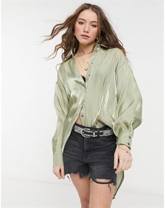 Атласная рубашка в стиле oversized шалфейно зеленого цвета Topshop