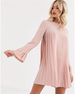 Розовое плиссированное платье трапеция с длинными рукавами Asos design