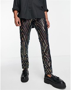 Черные брюки с радужным геометрическим узором из пайеток Twisted tailor