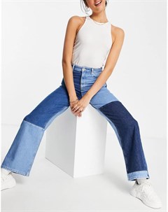 Сине голубые широкие джинсы в стиле пэчворк New look