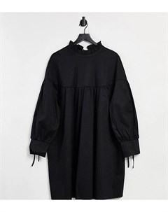 Ярусное черное платье мини из хлопка с присборенной юбкой и завязкой на шее Glamorous curve