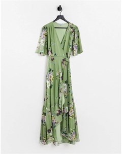 Зеленое платье макси на запахе с расклешенными рукавами и цветочным принтом Hope & ivy