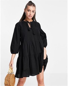Черное свободное платье мини из органического хлопка с завязкой на горловине Vero moda
