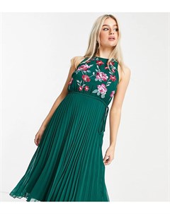 Темно зеленое плиссированное платье мили с вышивкой ASOS DESIGN Petite Asos petite