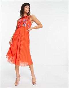 Плиссированное платье миди красного цвета с вышивкой Asos design