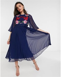 Двухслойное платье миди темно синего цвета с вышивкой и плиссировкой Asos design