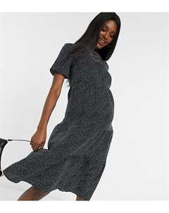 Черное многоярусное присборенное платье миди в горошек Influence maternity