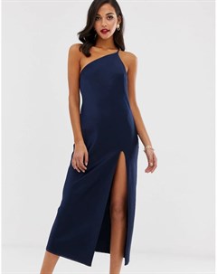 Темно синее атласное платье мидакси на одно плечо с драпировкой на спине Asos design