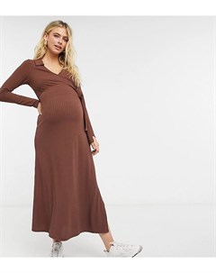Платье макси в рубчик шоколадно коричневого цвета с длинными рукавами и запахом ASOS DESIGN Maternit Asos maternity