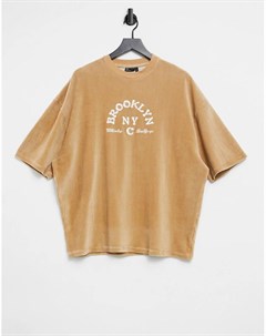 Светло коричневая oversized футболка из вельвета с принтом Brooklyn Asos design