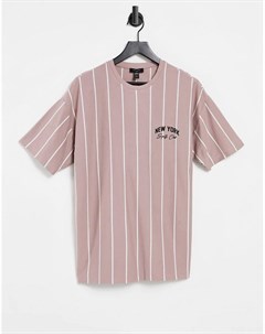 Розовая футболка в вертикальную полоску с вышитой надписью New York New look