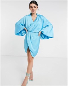 Атласное платье рубашка мини голубого цвета с открытой спиной и пышными рукавами Asos design