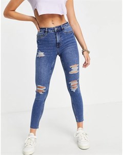 Синие джинсы с завышенной талией и рваной отделкой New look