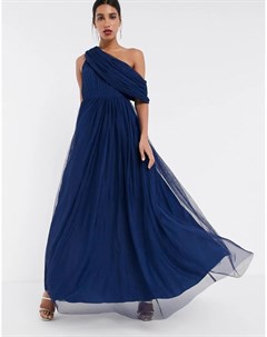 Темно синее платье макси из тюля с открытым плечом Asos design