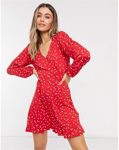 Красное трикотажное чайное платье с цветочным принтом New look