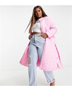 Ярко розовая стеганая удлиненная куртка с поясом Pieces Curve Pieces plus