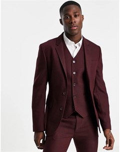 Бордовый суперзауженный пиджак из ткани с добавлением шерсти и узором в елочку Wedding Asos design
