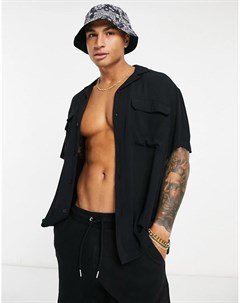 Черная рубашка из жатой вискозы с отложным воротником и карманами Asos design