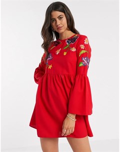 Красное свободное платье мини с вышивкой и расклешенными рукавами Asos design
