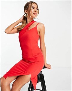 Красное платье миди на одно плечо с разрезом Vesper