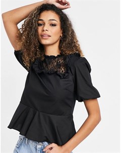 Черная блузка с кружевной кокеткой Miss selfridge