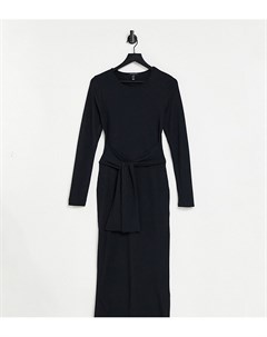 Черное платье миди в рубчик с завязкой спереди и рукавами длиной 3 4 New look tall