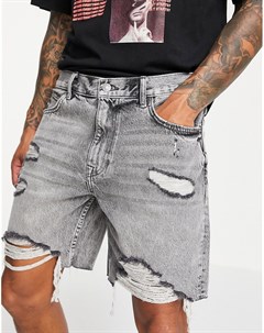 Рваные джинсовые шорты узкого кроя серого цвета Bershka