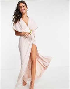 Румяно розовое платье макси с объемными рукавами на манжетах и атласной лентой на талии Bridesmaids Asos design