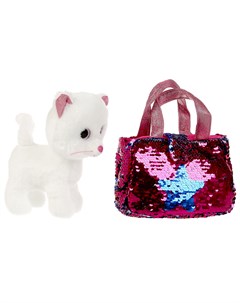 Мягкая игрушка Кошка в сумочке из пайеток 17 см цвет белый Мой питомец