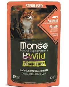 Пауч Cat BWild Grain Free для стерилизованных кошек из лосося с креветками и овощами 85гр Monge