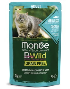 Пауч Cat BWild Grain Free для взрослых кошек из трески с креветками и овощами 85гр Monge