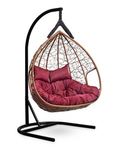 Подвесное двухместное кресло кокон fisht горячий шоколад с бордовой подушкой коричневый 120x195x110  L'aura