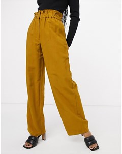Коричневые брюки с широкими штанинами и присборенной завышенной талией Vila