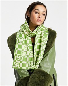 Жаккардовый трикотажный шарф зеленого и белого цвета с цветочным принтом и принтом в шахматную клетк Asos design