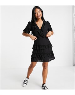 Черное платье с оборками и вышивкой ришелье Petite Miss selfridge