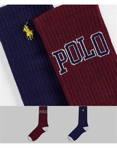 Набор из 2 пар носков красного и темно синего цветов с принтом в университетском стиле и логотипом с Polo ralph lauren