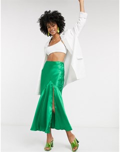 Зеленая атласная юбка миди с разрезом Asos design