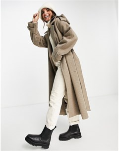 Свободное пальто с капюшоном и поясом серо бежевого цвета Asos design