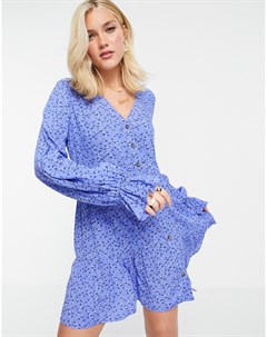 Синее платье мини на пуговицах с присборенной юбкой и цветочным принтом x Billie Faiers In the style