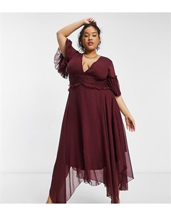 Платье миди ягодного цвета с расклешенными рукавами плиссировкой и пуговицами на талии Curve Asos design