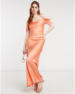 Атласное платье комбинация мидакси для подружки невесты персикового цвета с открытыми плечами Hope & ivy