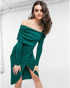 Хвойно зеленое платье футляр миди со спущенным плечом и запахом Asos design