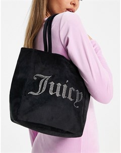 Маленькая черная велюровая сумка тоут с отделкой стразами Juicy couture