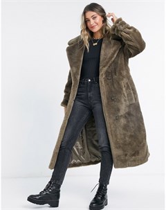 Коричневое oversized пальто из искусственного меха с поясом Asos design