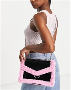 Черно розовая сумка через плечо из искусственной кожи и отделкой искусственным мехом под овчину Skinnydip
