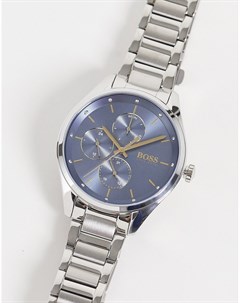 Женские часы с синими циферблатом хронографом и серебристым браслетом Boss