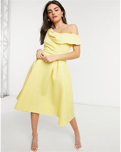 Приталенное платье лимонного цвета с драпировкой и приспущенным плечом для выпускного Asos design