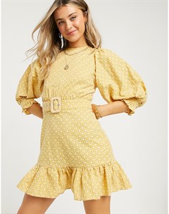 Платье горчичного цвета с вышивкой пышными рукавами оборкой по нижнему краю и шнуровкой на спине Asos design